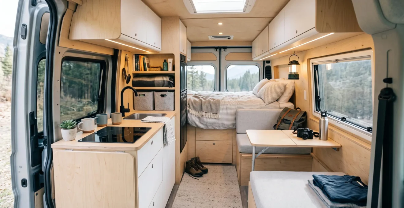 Intérieur lumineux d'un van aménagé moderne avec agencement optimisé pour deux personnes, montrant coin nuit, kitchenette et rangements astucieux